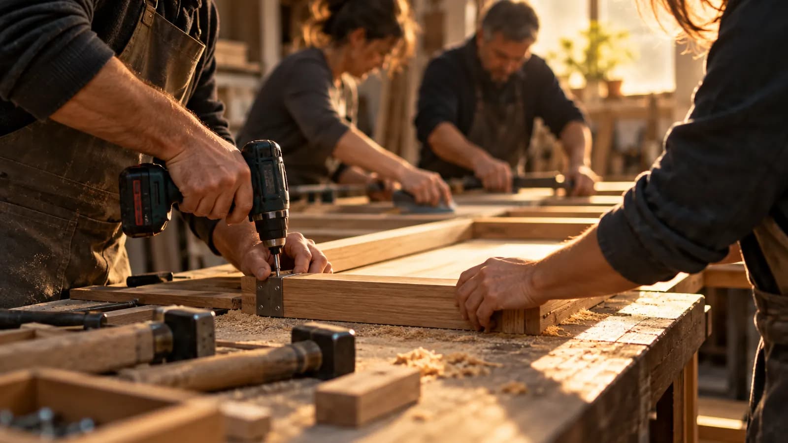 O echipă mică dintr-un atelier de tâmplărie lucrează la aceeași ramă de lemn, fiecare la altă parte.