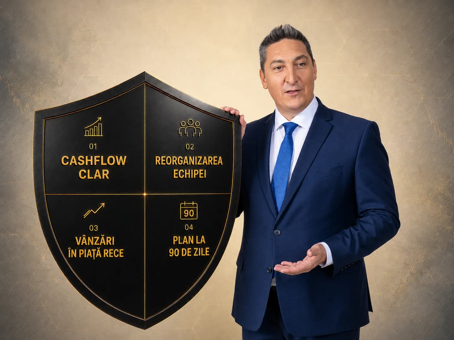 Sebastian Buși lângă un scut împărțit în patru: cashflow clar, reorganizarea echipei, vânzări în piață rece, plan la 90 de zile