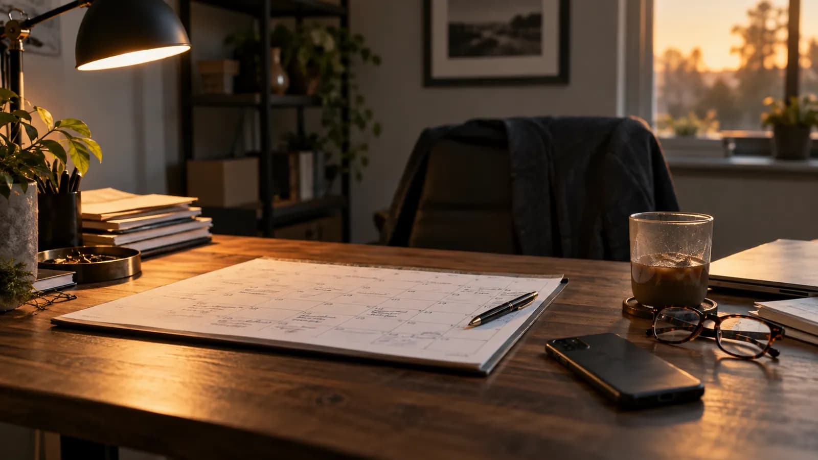 Biroul unui manager la sfârșitul zilei: un calendar cu notițe, telefonul, ochelarii și o cafea rece.